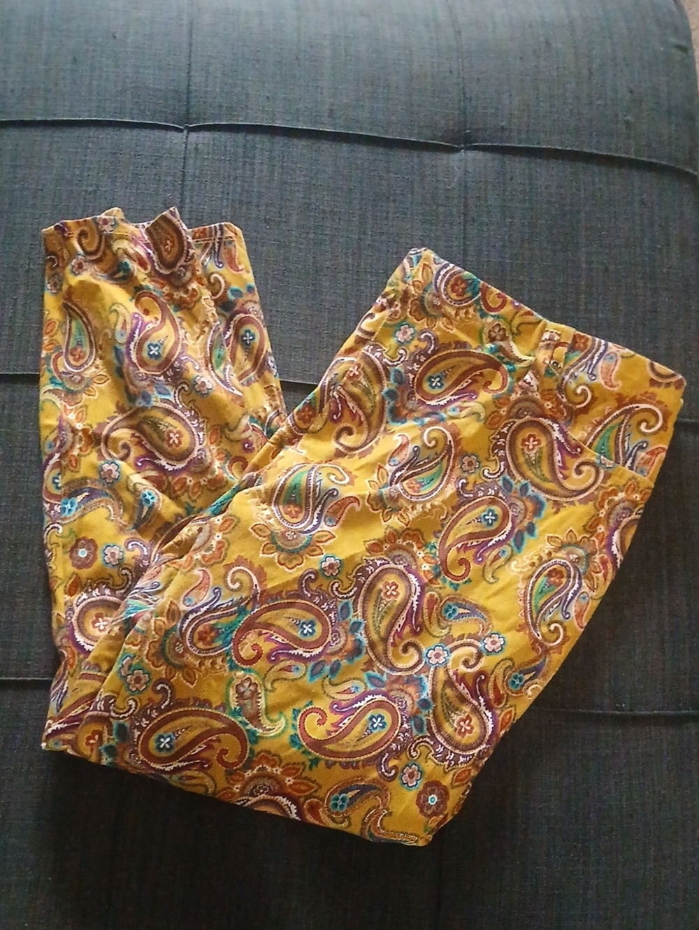 Terra & Sky Mustard Paisley Stretch Pants with Multicolor Accents